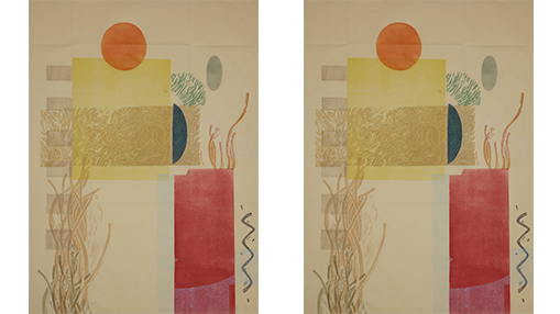 Abstract artwork featuring vibrant geometric shapes and organic elements in warm tones.