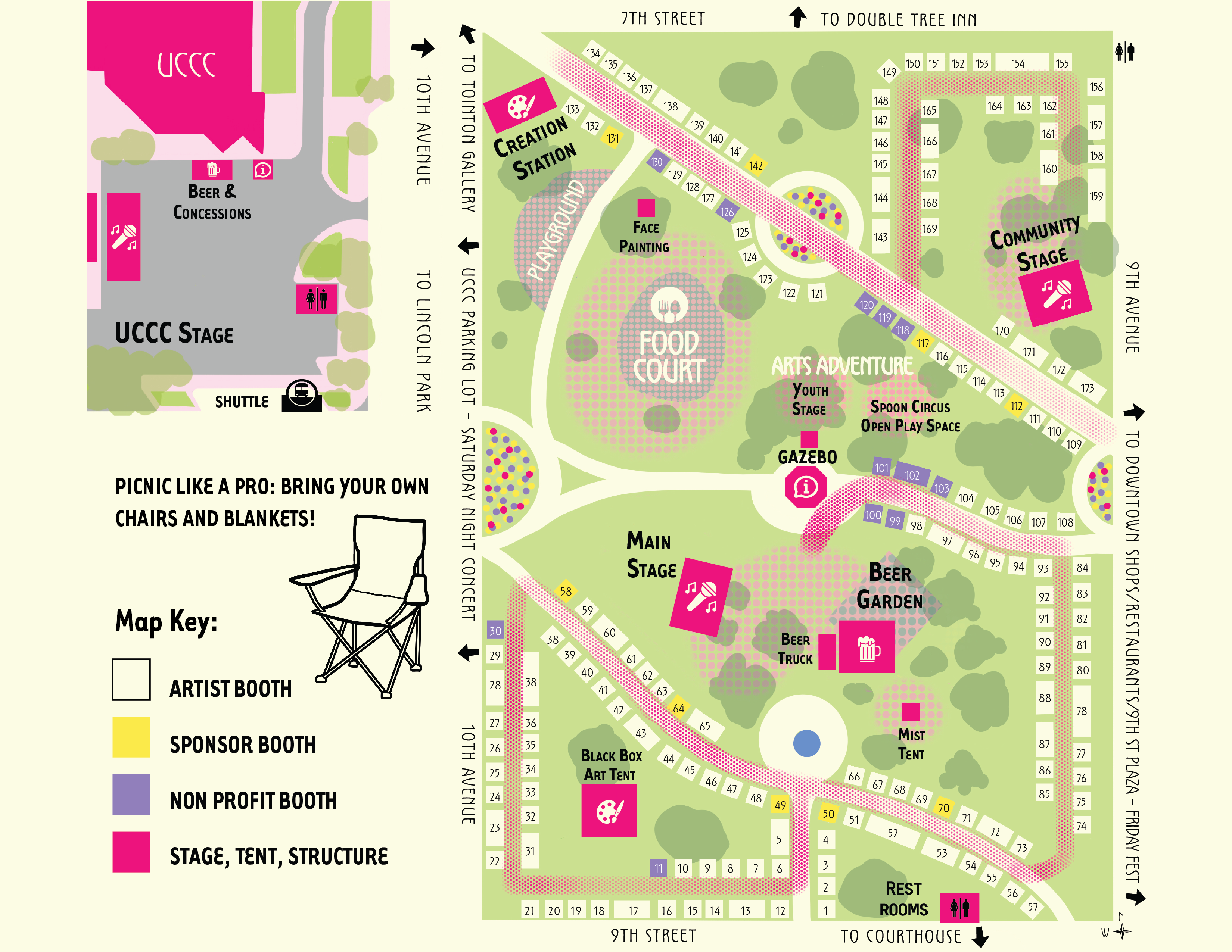 Arts Picnic Culture Pop Map for website featuring artist booth numbers, location of stages, bathrooms, beer gardens, creation station, gazebo, food court