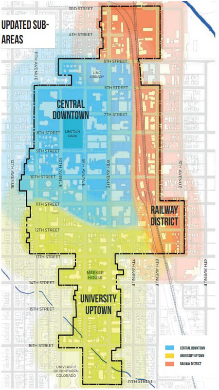 A map illustrating the three downtown sub-areas: Central Downtown, Railway District, and University Uptown.