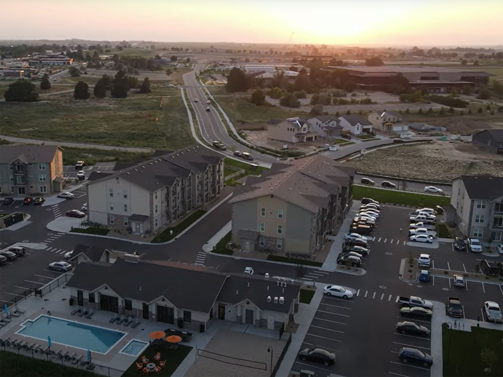 Aerial photograph of new multi-family housing units in Greeley at sunrise
